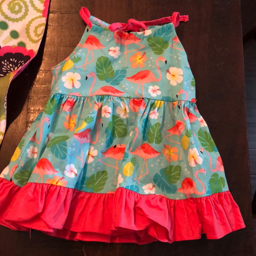 12 month Ricrac & Ruffles Pink Flamingo dress EUC